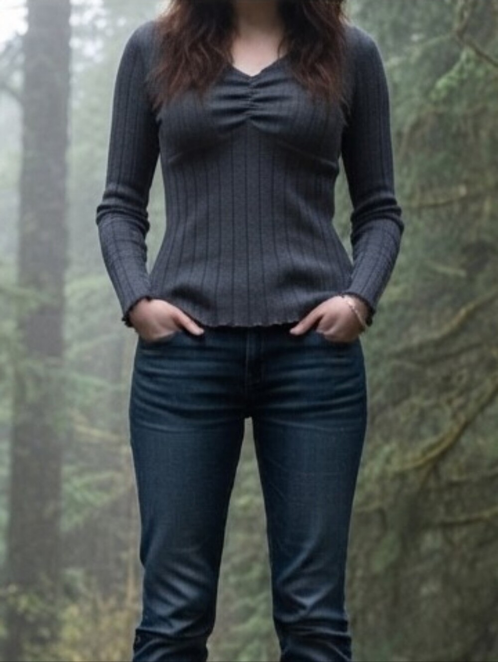 Gray Charcoal Ribbed Top Ruched Lettuce Trim Small Bella Swan Fairy Grunge Y2k